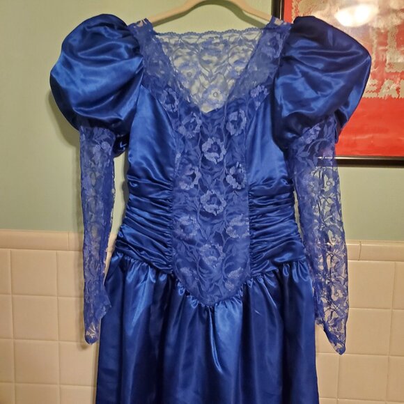 Vintage Royal Blue 80s Long Sleeve Lace A Line Prom Party Dress Women's Size 12 - Picture 12 of 15